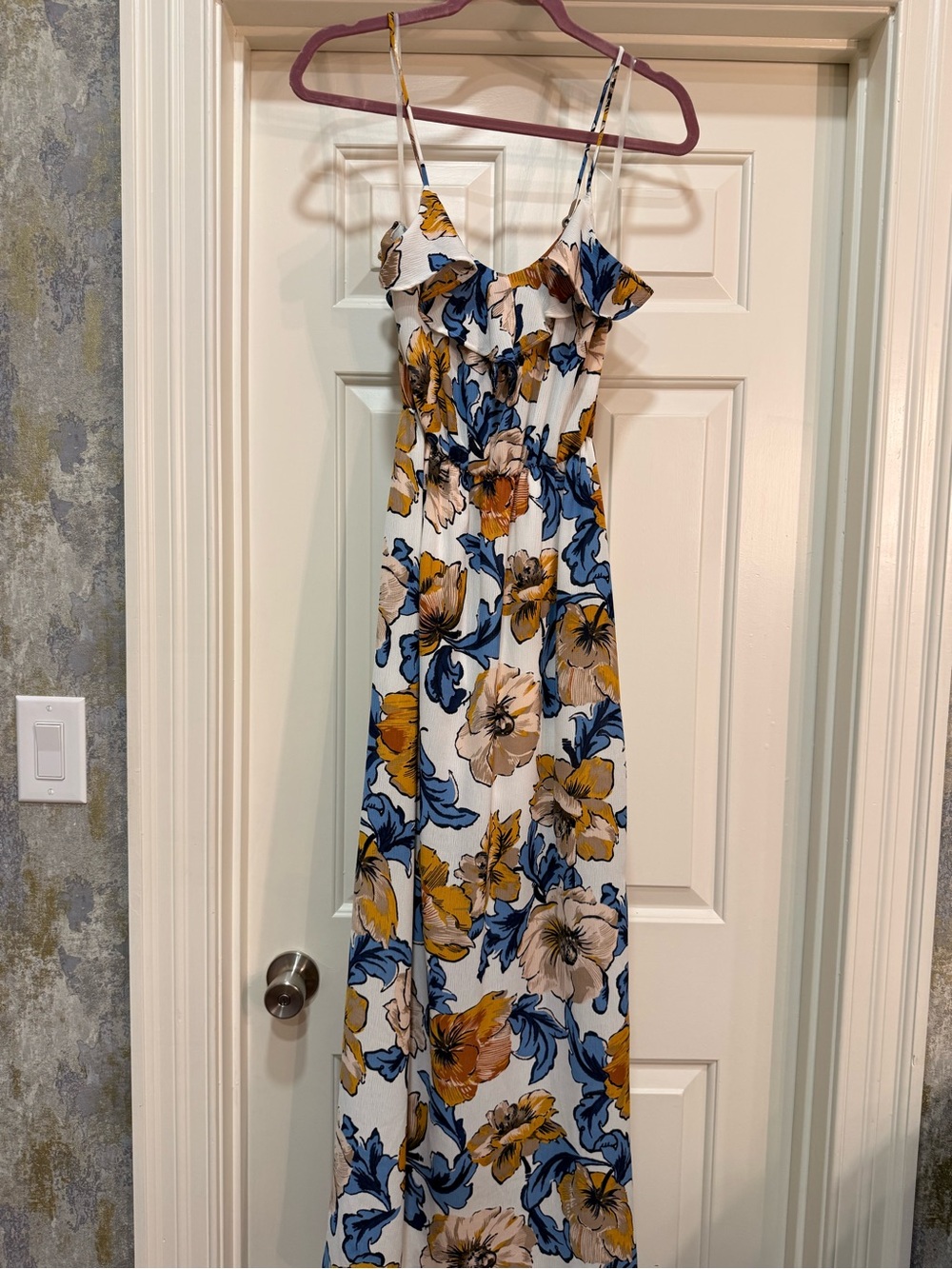 Everly White Maxi Dress with Blue & Mustard Floral Print